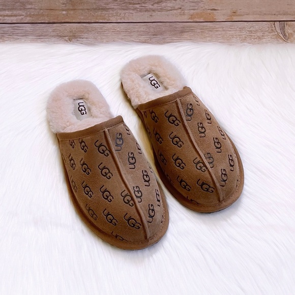 UGG Women’s Pearle Embossed Logo Chestnut Suede Slippers - Picture 4 of 8